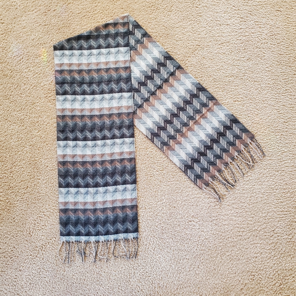 Gray and Tan Geometric Patterned Scarf with Fringes